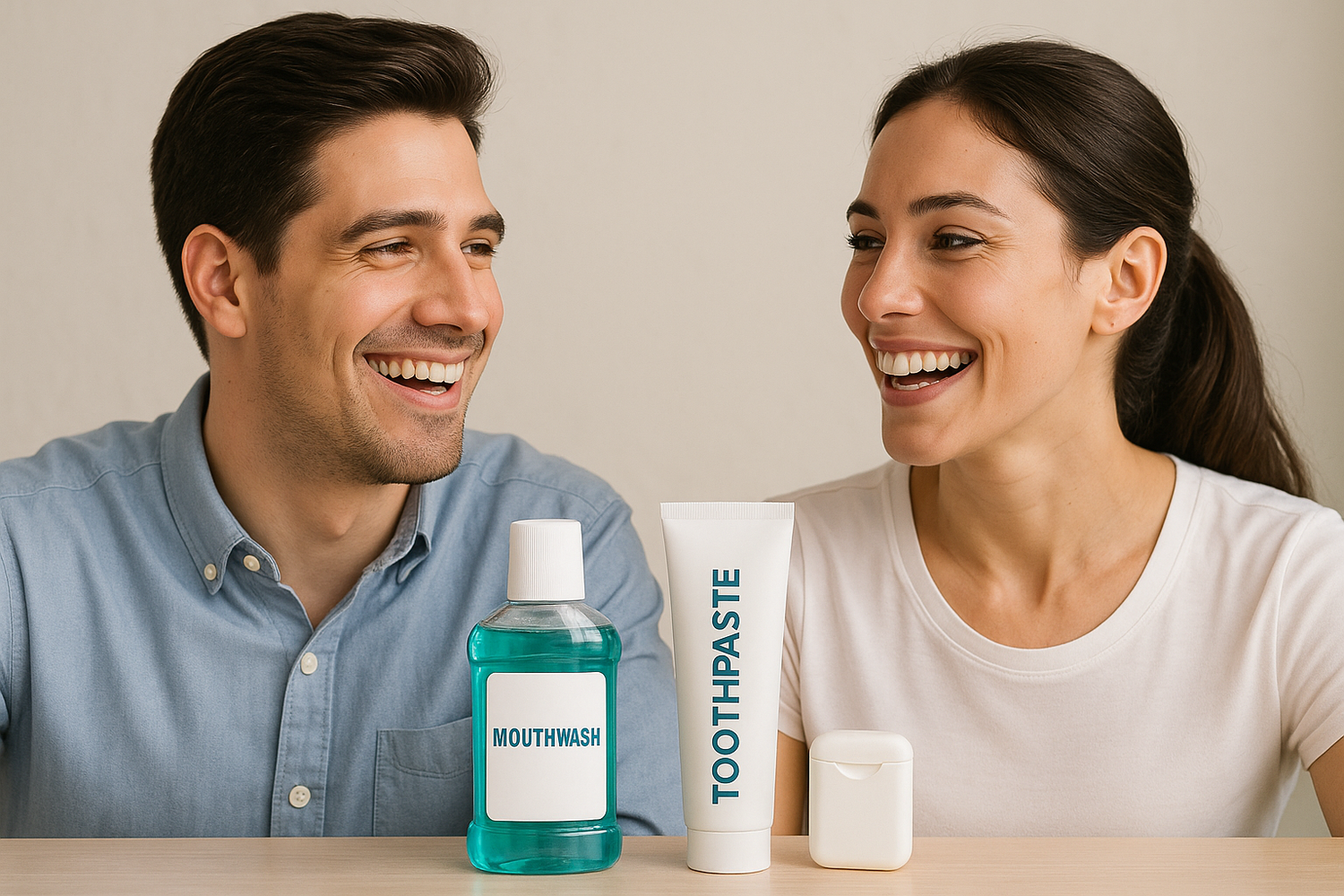 Dentora Bad Breath Mouthwash bottles with clear liquid and fresh mint leaves, symbolizing freshness and clean breath