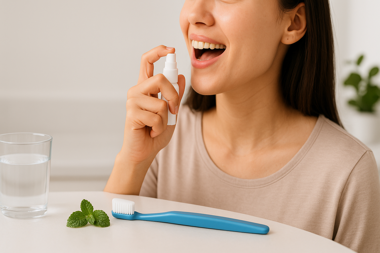 Dentora Breath Freshening Sprays bottles with clear liquid and fresh mint leaves, symbolizing freshness and clean breath