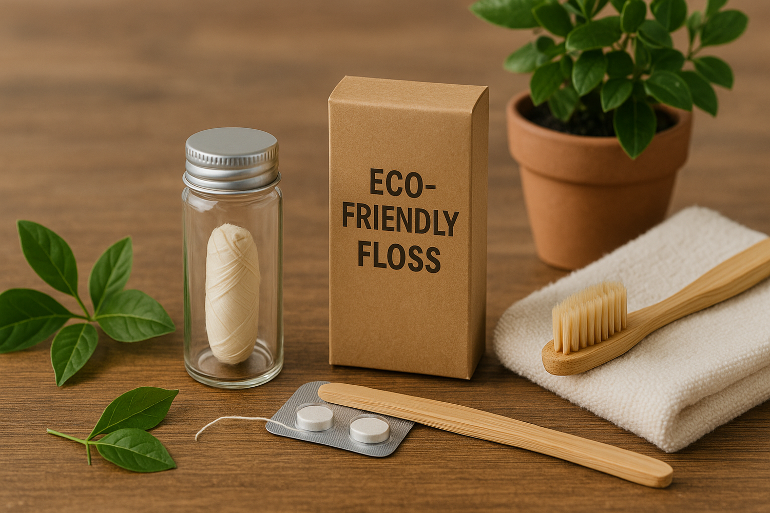 Dentora Eco-Friendly Floss with natural ingredients like mint leaves, bamboo, or herbs highlighting eco-friendly oral care