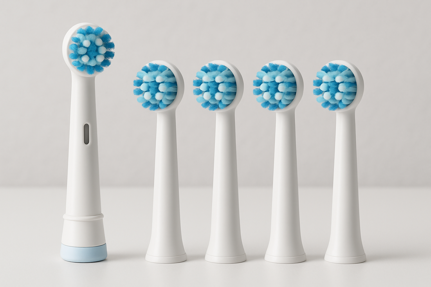 Dentora Electric Toothbrush Replacement Heads with sleek modern design, replacement heads, and charging stand emphasizing technology