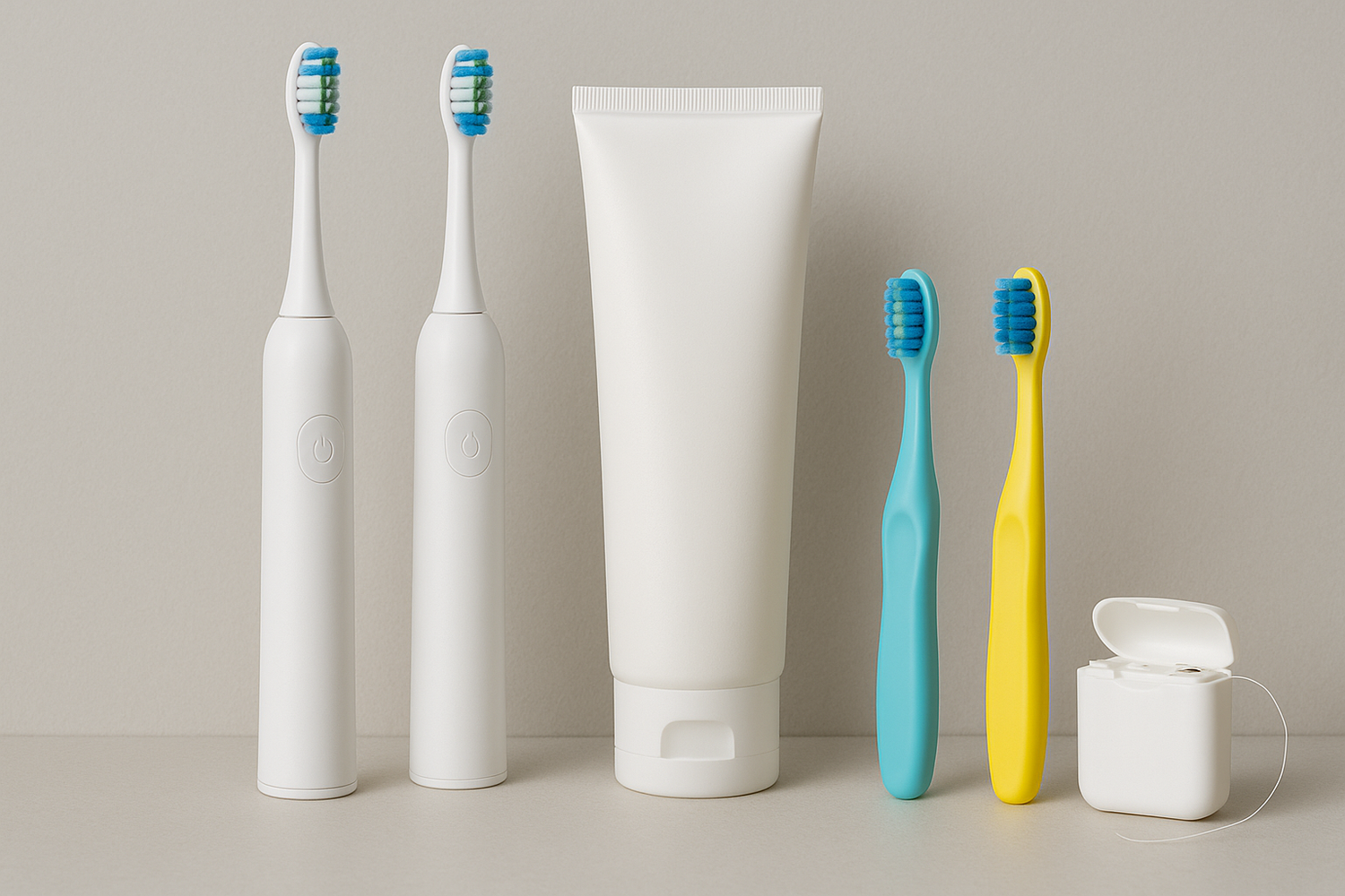 Dentora Family Oral Care Kits shown with playful colors and family lifestyle, including smiling children using toothbrushes