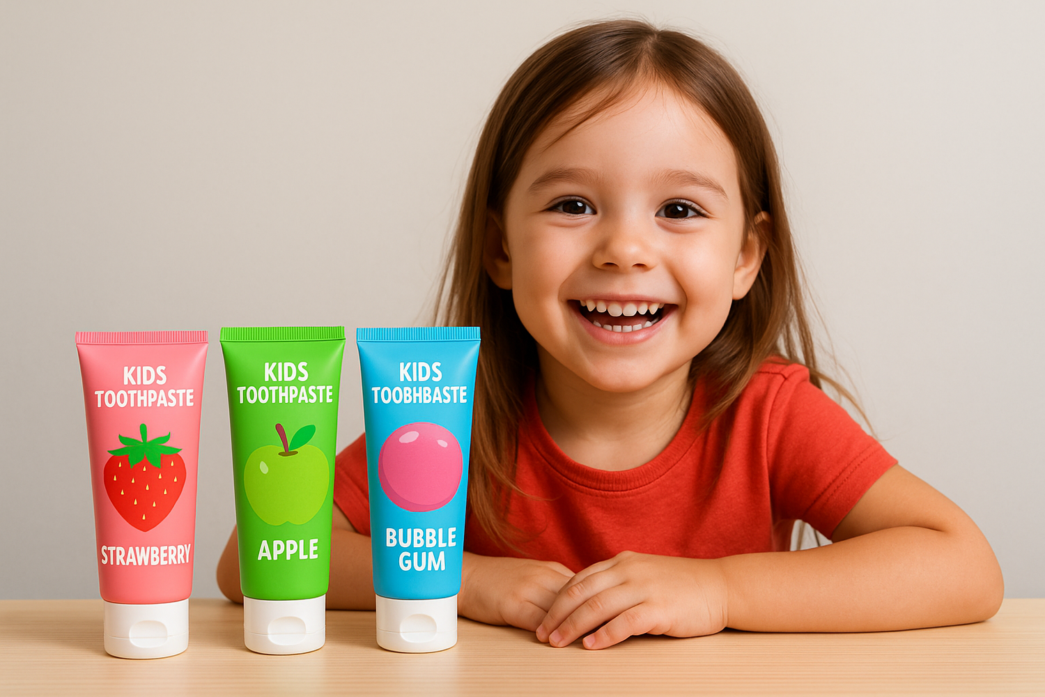 Dentora Flavored Kids Toothpaste shown with playful colors and family lifestyle, including smiling children using toothbrushes