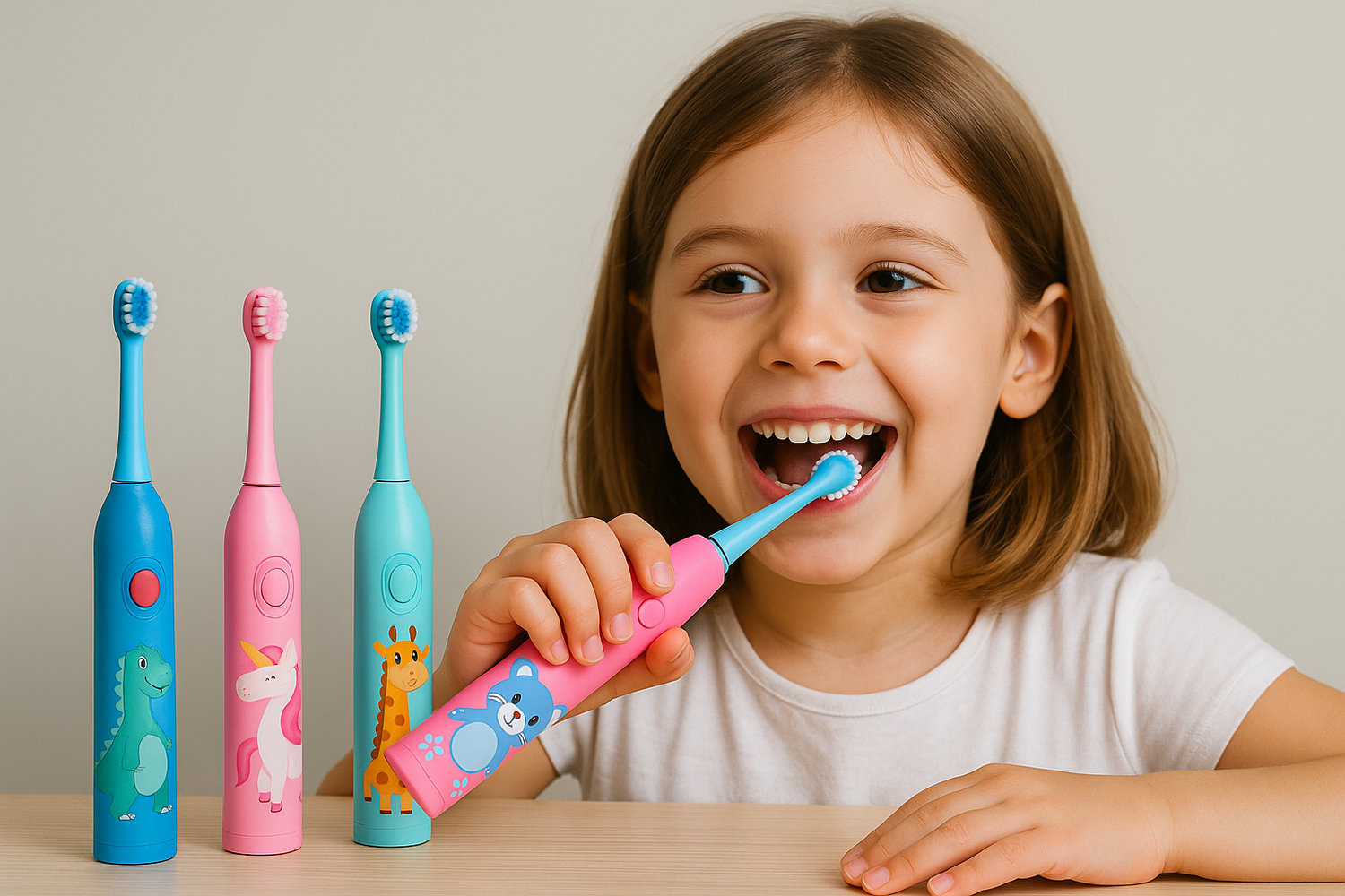 Dentora Kids Electric Toothbrushes shown with playful colors and family lifestyle, including smiling children using toothbrushes