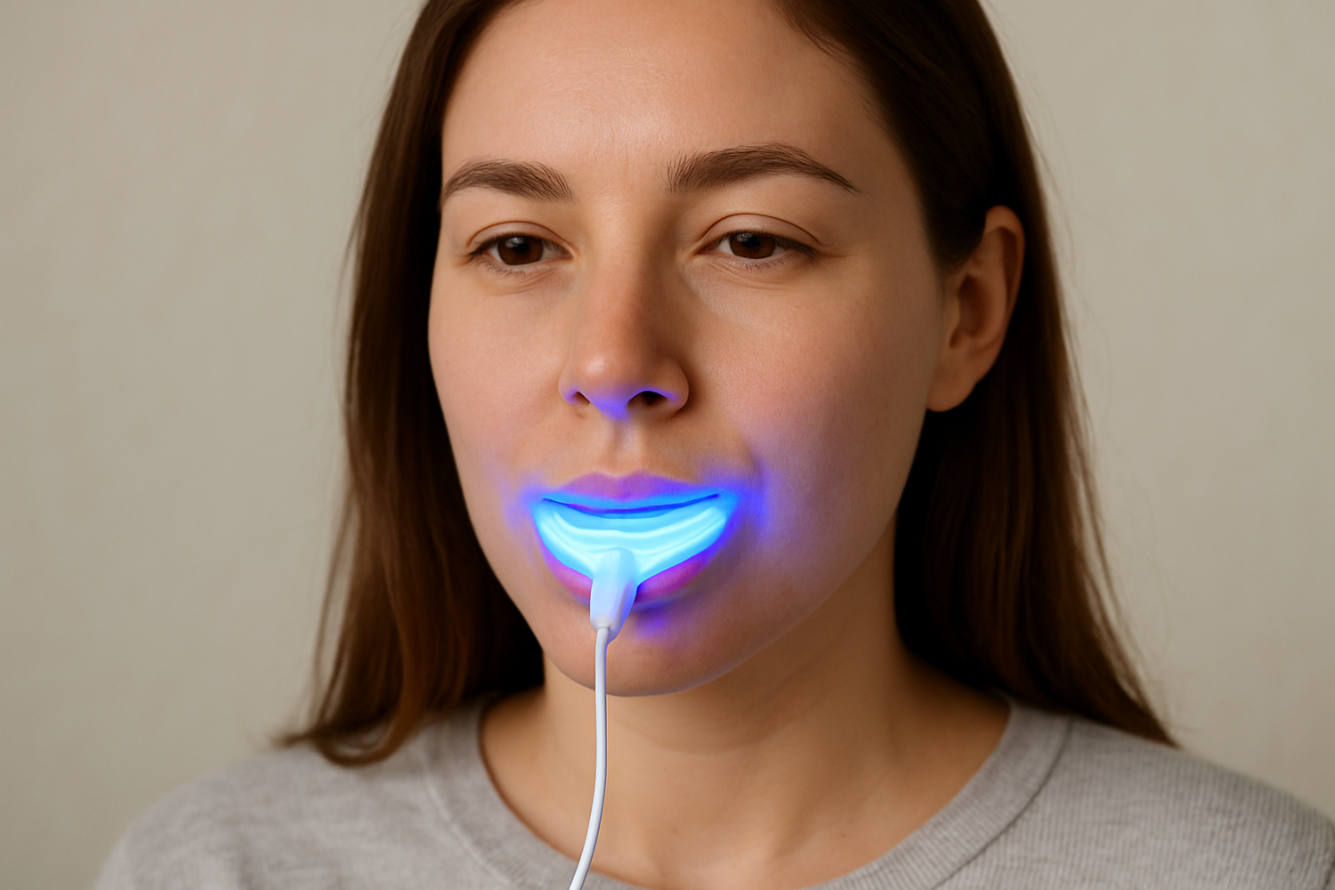 Dentora LED Whitening Kits displayed with bright white smiles, citrus fruits, and mint leaves to emphasize whitening care