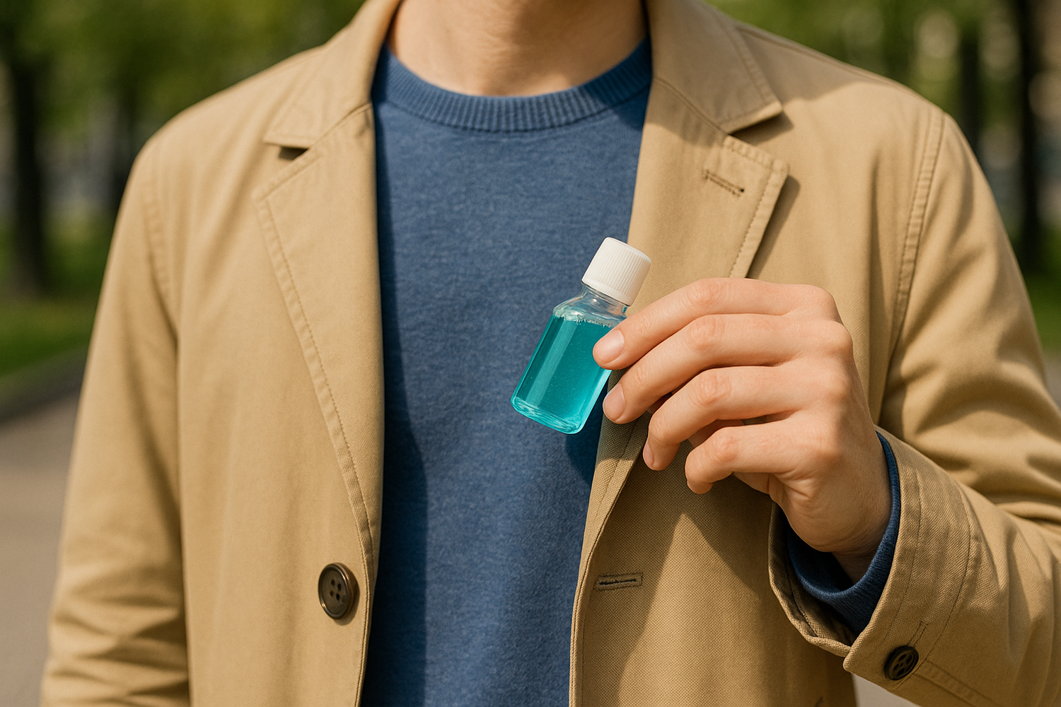 Dentora Mini Mouthwash Bottles bottles with clear liquid and fresh mint leaves, symbolizing freshness and clean breath