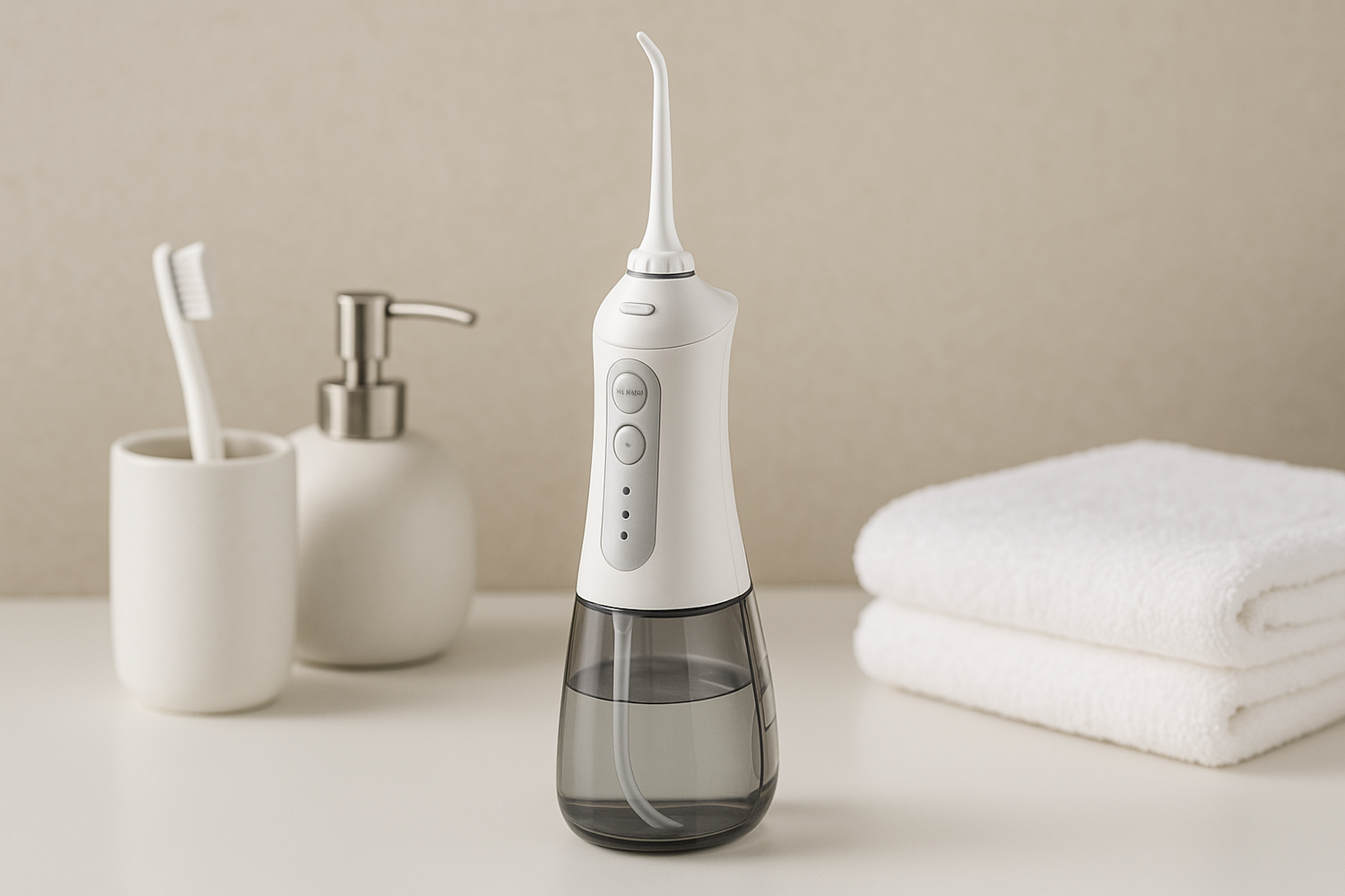 Dentora Portable Cordless Water Flossers neatly arranged on a bathroom counter with mint leaves for freshness