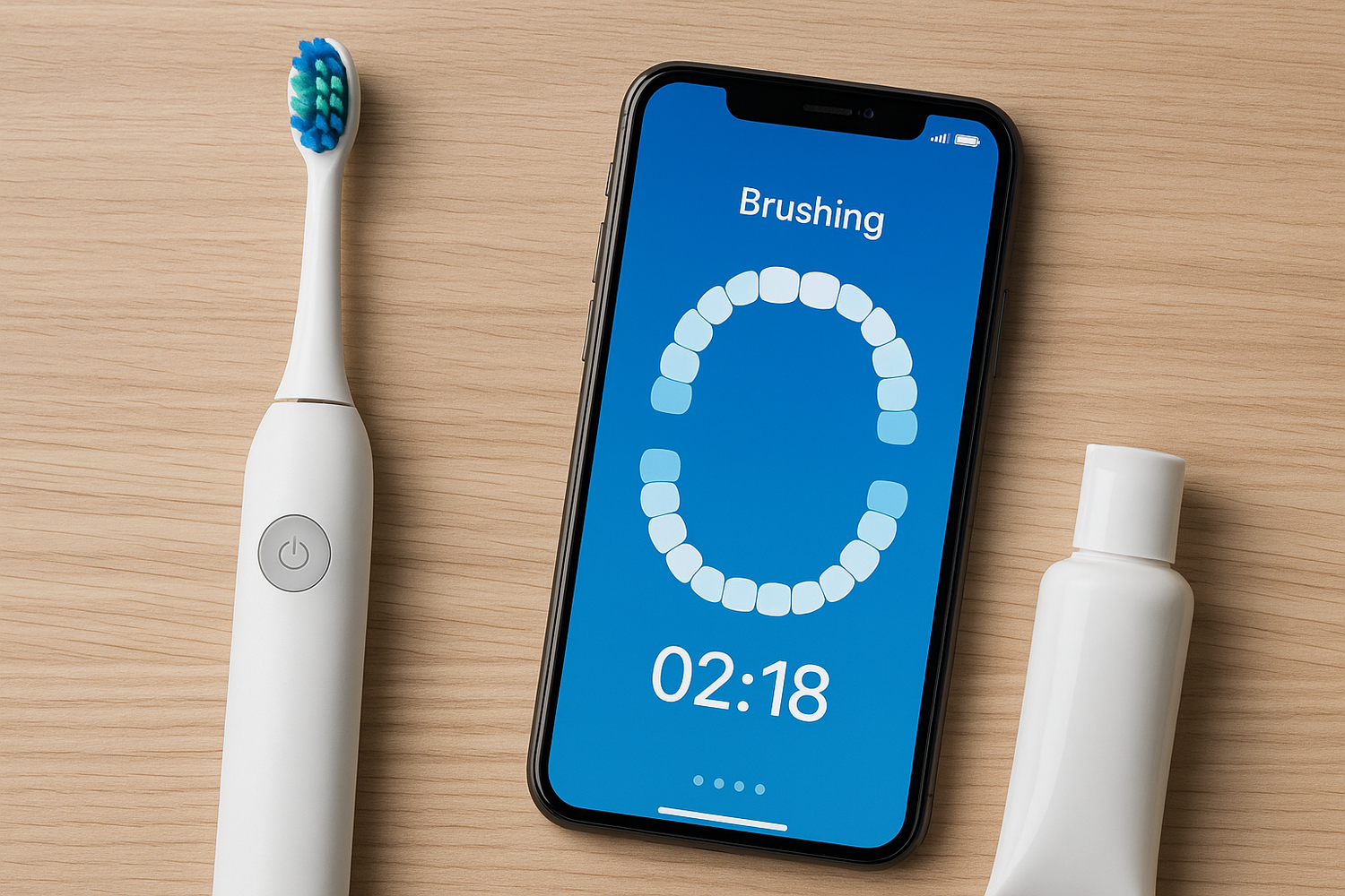 Dentora Smart Toothbrushes with App with sleek modern design, replacement heads, and charging stand emphasizing technology