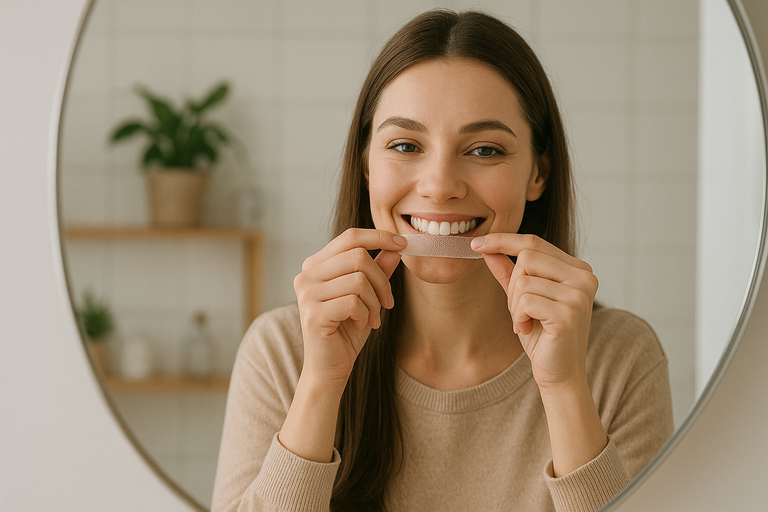 Dentora Teeth Whitening Strips displayed with bright white smiles, citrus fruits, and mint leaves to emphasize whitening care