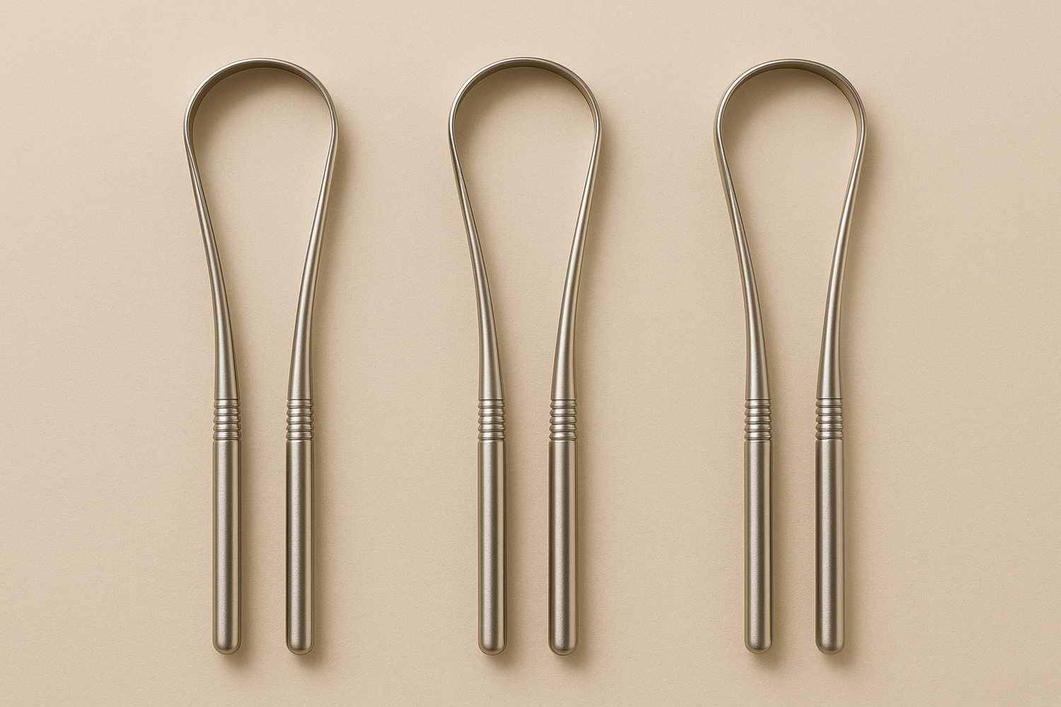 Dentora Tongue Scrapers neatly arranged on a bathroom counter with mint leaves for freshness