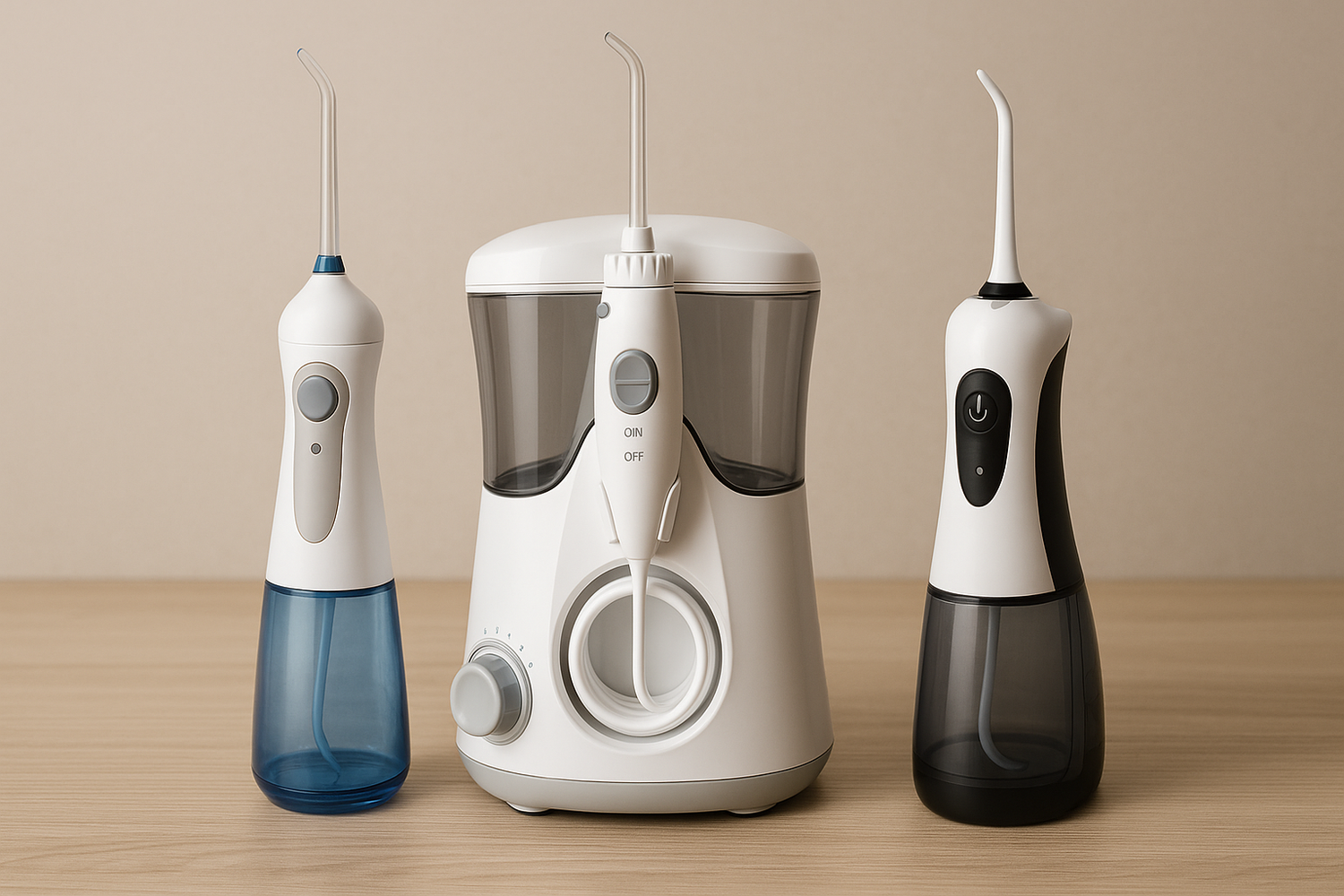 Dentora Water Flossers / Oral Irrigators neatly arranged on a bathroom counter with mint leaves for freshness