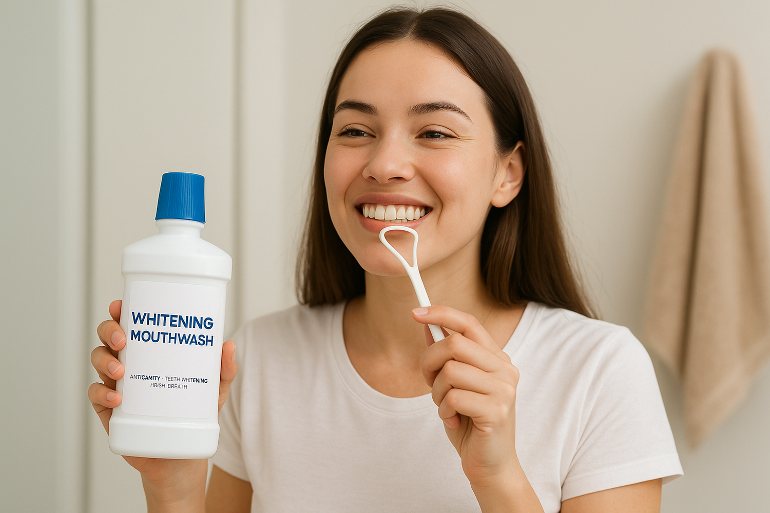 Dentora Whitening Mouthwash displayed with bright white smiles, citrus fruits, and mint leaves to emphasize whitening care