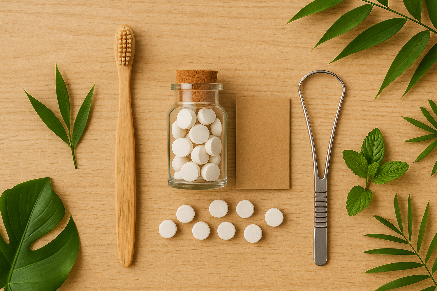 Dentora Zero Waste Oral Care displayed with clean white background and oral care lifestyle elements