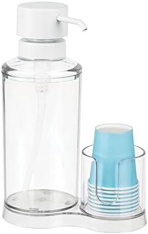 mDesign Plastic Refillable Mouthwash Dispenser and Cup Storage Organizer for Bathroom Vanity, Countertop, Cupboard - Includes 8 Paper Cups - Lumiere Collection - Clear/Matte White