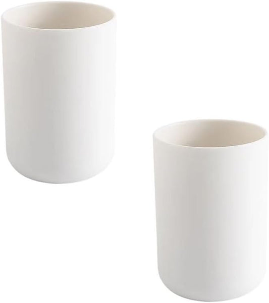 Round Plastic Toothbrush Cups - Couples Wash Cups with Mouthwash Compartments (White)