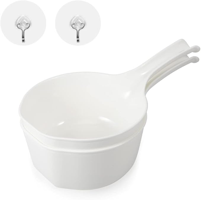 2 PCS Water Scoop for Bath, Plastic Shower Bucket, Bathroom Water Scoop Cup, Bathing Ladle with Adhesive Hook,1.5 Liter