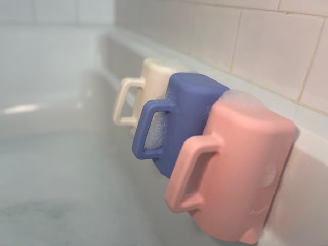 Baby Bath Cup with Suctions - BPA Free, 100% Food Grade Silicone Rinse Cup, Clutter-Free Tub Area, Kids Learning Tool, Sticks to Tiles, Drains Water Upside Down-"Patent Pending"