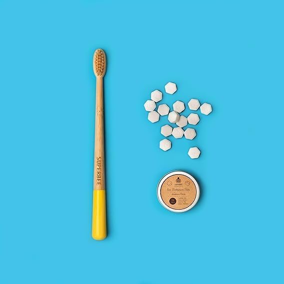 SuperBee Dentos Toothpaste Tablets & Biodegradable Bamboo Toothbrushes, 14 Tabs, Fluoride Free & Eco Friendly, Travel Mouthwash Tablets, Sensitive Bites Kids Adults