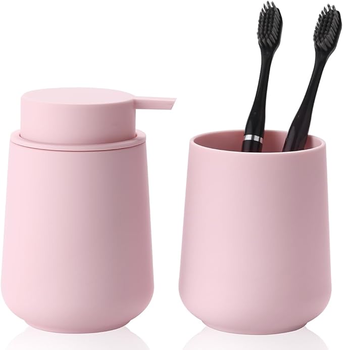 Matte Pink Bathroom Accessories 2 Piece Set Plastic Soap Dispenser and Toothbrush Holder for Modern Bathroom Decor