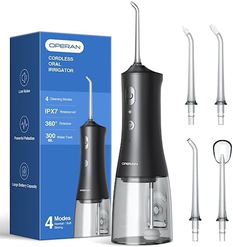 Operan Water Flosser for Teeth Cleaning Upgraded 300ml Cordless Water Dental Flossers Rechargeable Oral Irrigator with 4 Modes 4 Jet Tips IPX7 Waterproof Water Floss for Home Travel (Black)+1Pack
