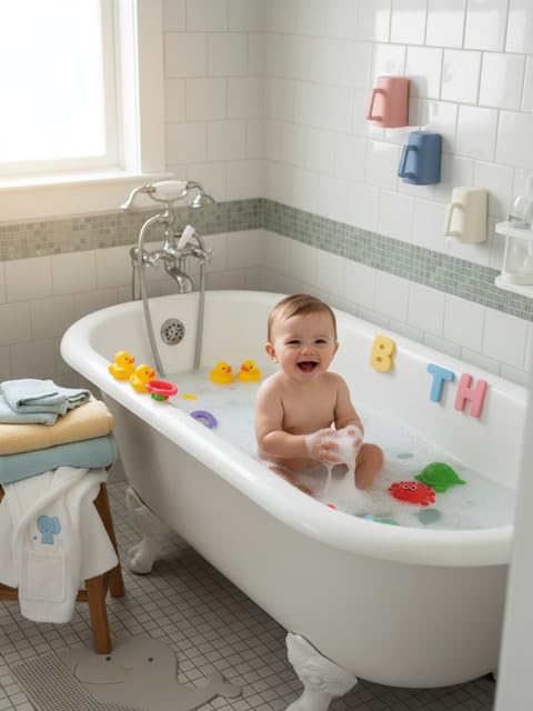 Baby Bath Cup with Suctions - BPA Free, 100% Food Grade Silicone Rinse Cup, Clutter-Free Tub Area, Kids Learning Tool, Sticks to Tiles, Drains Water Upside Down- patent pending