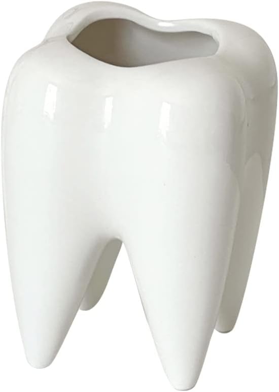 Tooth-Shaped Toothbrush Holder, Ceramic Toothbrush Holder Storage Bucket, Personalized Decoration, Tooth Brush Holder, Creative Birthday Gift, Desktop, Office Desk Decoration (White)