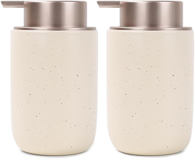 BosilunLife Apricot Soap Dispenser Set - 2 Pack 12oz Ceramic Dish Soap Dispenser with Rust Proof Pump for Kitchen, Hand Soap and Lotion Set Suitable for Farmhouse Bathroom Decor with Waterproof Labels