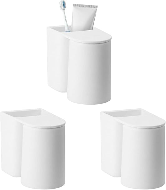 3 Pcs Toothbrush Holder Wall Mounted with Cup, 2-in-1 Toothbrush Holders for Bathroom, Hanging Toothbrush Cup Holder Without Drilling, Magnetic Space-Saving Toothbrush Organizer for Family (3Pcs)