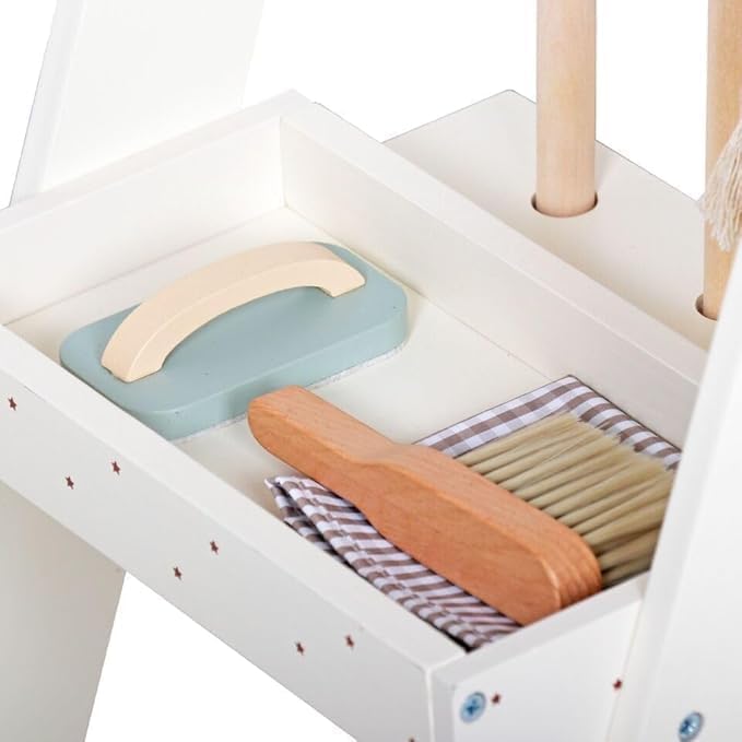 Kids Wooden Cleaning Rolling cart with Wheels Set – Toddlers Learning Utility cart Toys Pretend Play Tools with Broom, Dustpan, Brush, Mop - Ages 3+