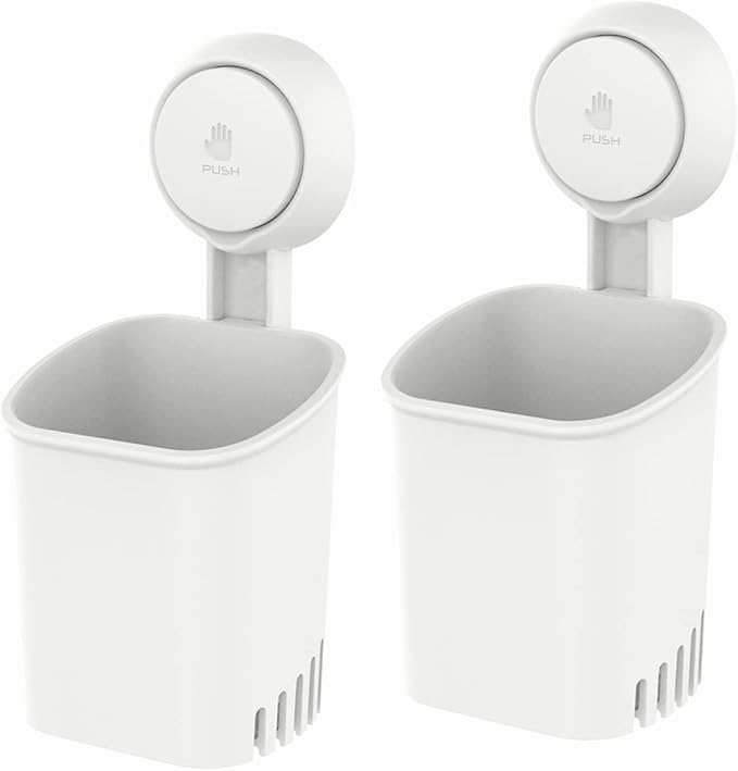 LEVERLOC Powerful Suction Toothbrush Holder, Removable Drill-Free Wall Shower Holder for Toothbrush, Toothpaste, Razor, Self-draining Suction Cup in Shower, Kitchen Tableware Organizer, White, 2 Pack