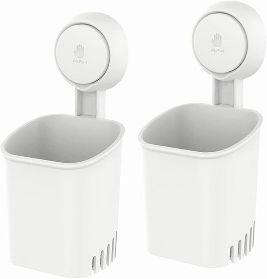 LEVERLOC Powerful Suction Toothbrush Holder, Removable Drill-Free Wall Shower Holder for Toothbrush, Toothpaste, Razor, Self-draining Suction Cup in Shower, Kitchen Tableware Organizer, White, 2 Pack