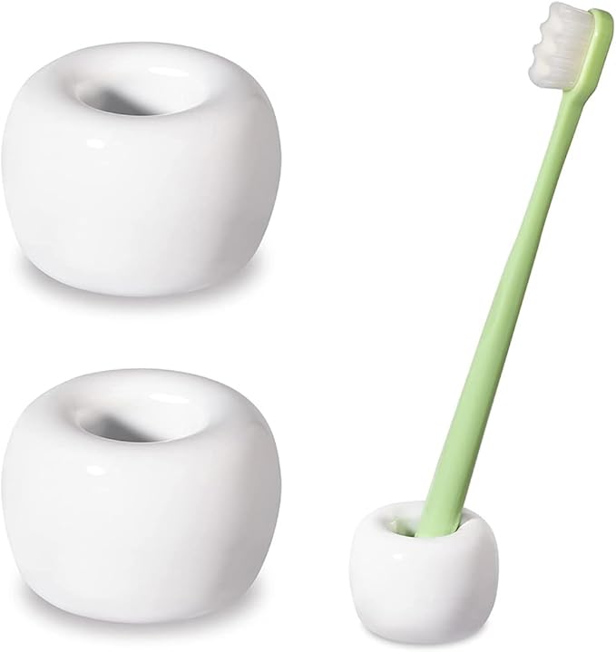 Mini Ceramics Toothbrush Holder Stand for Bathroom Vanity Countertop, Handmade Couple Toothbrush Head Holder, Shaver Holder and Office Pen Holder, 2-Piece Set White