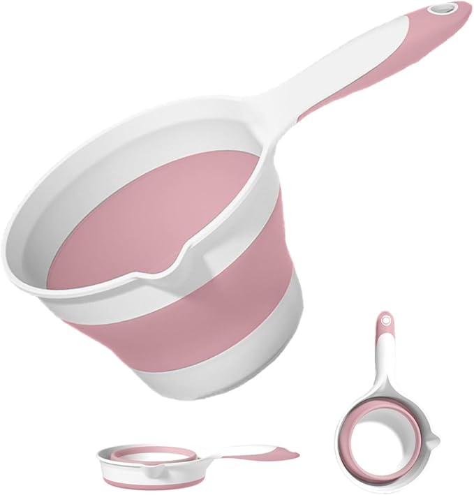 Collapsible Water Ladle Plastic Folding Dipper for Pet Bath Soaking Cleaning, Portable Water Pourer Scoop Spoon for Camping Travel, Small Shower Bucket Basin Tub Rinse Cup Mug for Hair Washing, Pink