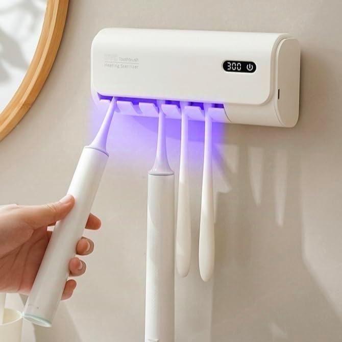 Toothbrush Holder for Bathrooms, Timer Function & 5 Toothbrush Slots Rechargeable Cordless Wall-Mounted Toothbrush Holder with Drying Functions, No Drilling(White)