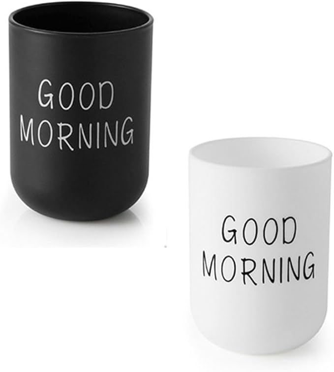 Minimalist Mouthwash Cup, 300ml Large Capacity，Black and White Colors, Good Morning Printed Design, Durable, Eco Friendly, Easy to Clean, Perfect for Bathroom and Travel (Black & White)