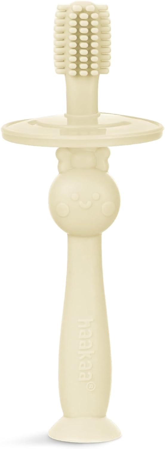 haakaa Infant Toothbrush, Easy to Hold 360° Baby Toothbrush, Train 6month+ Infants Babies and Toddlers for Oral Hygiene, Teether Effect for Sore Gums, 1pc (Cream)