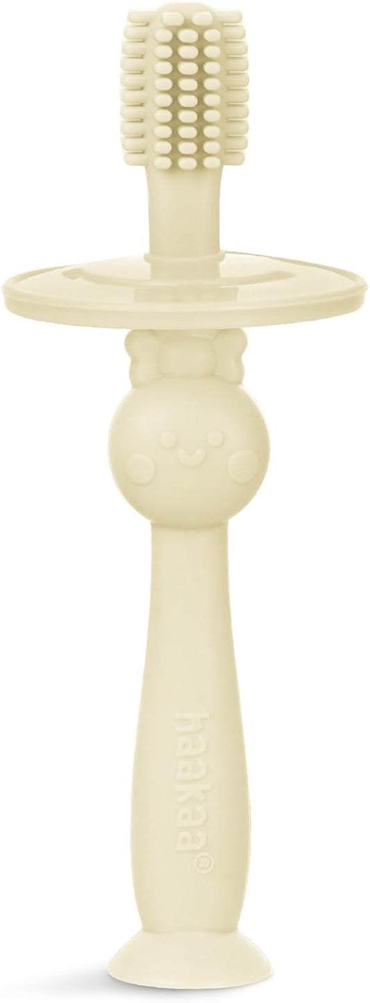 haakaa Infant Toothbrush, Easy to Hold 360° Baby Toothbrush, Train 6month+ Infants Babies and Toddlers for Oral Hygiene, Teether Effect for Sore Gums, 1pc (Cream)