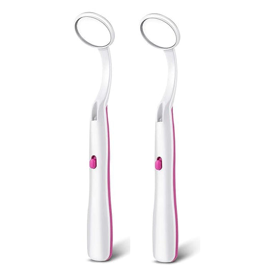 2 Pcs Dental Mirror with Light Tool LED Lighted Teeth Inspection Mirror Anti Fog Curve Angle Dentist Oral Care Tool (Red)