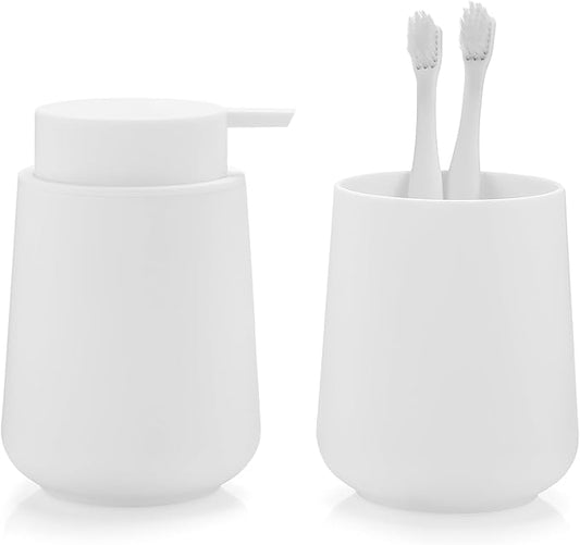 Matte White Bathroom Accessories 2 Piece Set Plastic Soap Dispenser and Toothbrush Holder for Modern Bathroom Decor