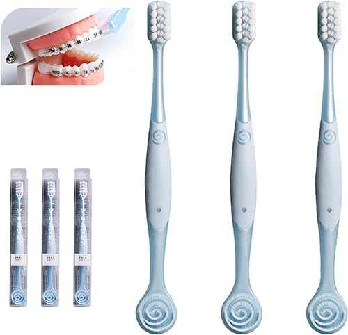 V-Shaped Orthodontic Toothbrush Dental Brush for Braces, for Kids/Teens/Adult, for Sensitive Teeth, for Delicate Gums, Soft Bristles, Toothbrush for Braces, with Tongue Cleaner, Blue, 3pcs