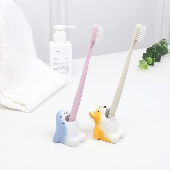 Cartoon Animal Toothbrush Holder Stand - Adorable Bathroom Organizer with Animal-Shaped Base, Cute Toothbrush Storage for Kids & Family, Drip-Free Countertop/Sink Organizer for Bathroom Decor (White)