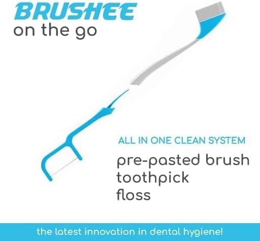 Brushee The Evolution Oral Care Whitening | Prepasted On-The-Go Whitening Toothbrushes | 4-in-1 (Paste + Brush + Floss + Pick) | Individually Wrapped | Disposable | Travel Toothbrushes (Pack of 36)