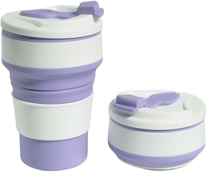 Collapsible Cup for Traveling, 12Oz Collapsible Silicone Travel Cup for Hot and Cold Drinks, Leak Proof Reusable Folding Travel Coffee Mug for Camping & Hiking, Purple