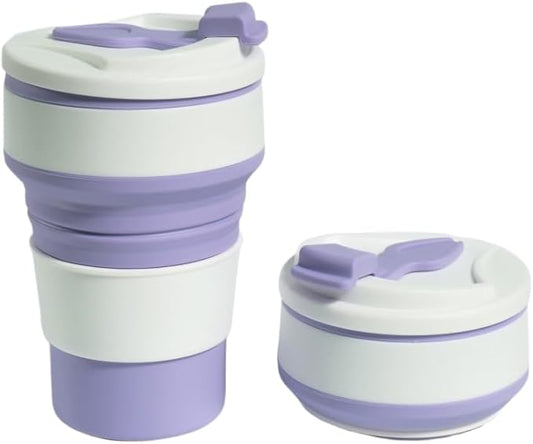 Collapsible Cup for Traveling, 12Oz Collapsible Silicone Travel Cup for Hot and Cold Drinks, Leak Proof Reusable Folding Travel Coffee Mug for Camping & Hiking, Purple
