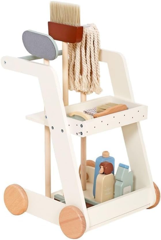 Kids Wooden Cleaning Rolling cart with Wheels Set – Toddlers Learning Utility cart Toys Pretend Play Tools with Broom, Dustpan, Brush, Mop - Ages 3+