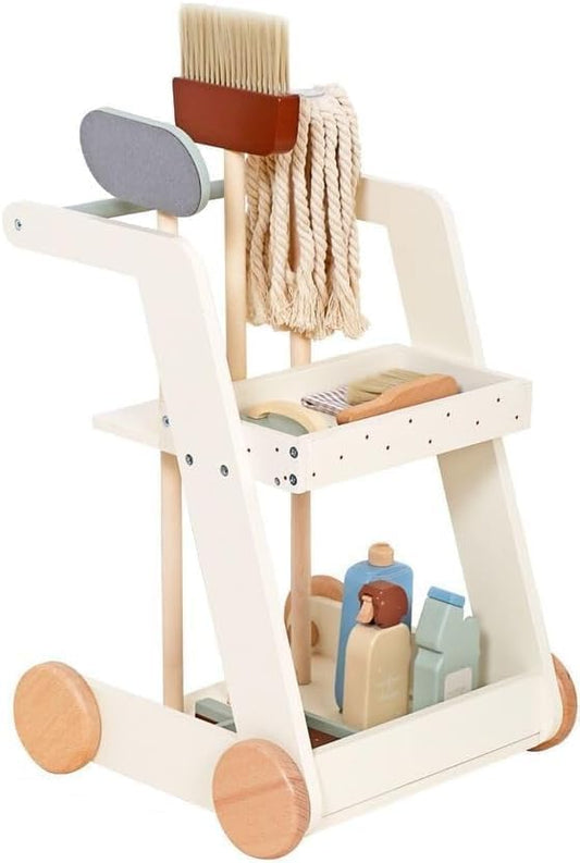 Kids Wooden Cleaning Rolling cart with Wheels Set – Toddlers Learning Utility cart Toys Pretend Play Tools with Broom, Dustpan, Brush, Mop - Ages 3+