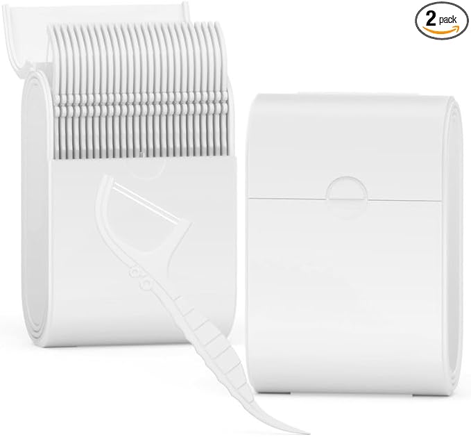 Portable Dental Floss Picks Case 2 Box，52 Count Flosser a Box – Travel Dental Hygiene Kit with Floss Stick and Toothpick Cases -White，Mint Flavored, Twin Line Design.