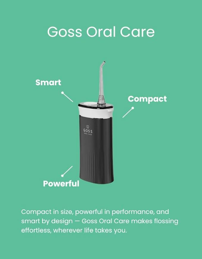 Goss Oral Care Portable Water Flosser for Teeth Cleaning – Cordless, Rechargeable Oral Irrigator for Travel, Braces, Implants, Crowns & Gum Health