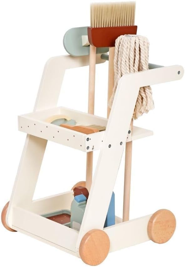 Kids Wooden Cleaning Rolling cart with Wheels Set – Toddlers Learning Utility cart Toys Pretend Play Tools with Broom, Dustpan, Brush, Mop - Ages 3+