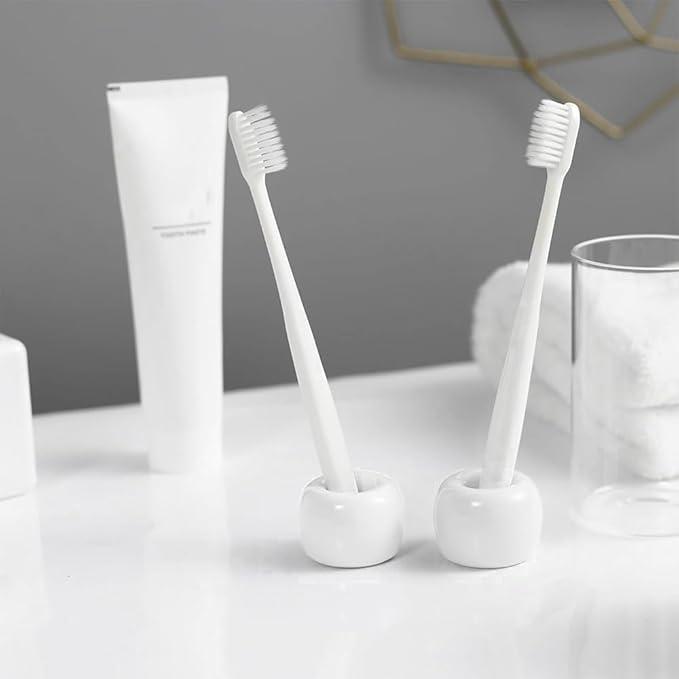 Mini Ceramics Toothbrush Holder Stand for Bathroom Vanity Countertop, Handmade Couple Toothbrush Head Holder, Shaver Holder and Office Pen Holder, 2-Piece Set White