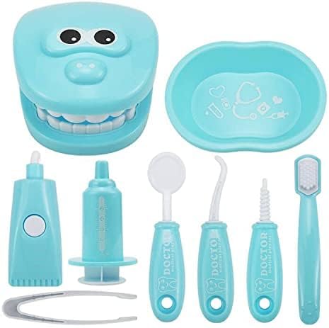 9PCS Plastic Simulation Dentist Play Set Medical Kit Pretend Toy for Kids Hygienic Habbit Cultivation Role Play Game for Children 6 Colors (Purple/Pink/Yellow/Green) Simple OPP Bag Packaging (Blue)